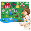 A young child plays with a pig cutout on the My Daily Calendar Farm Transportation Felt Story Board, a colorful Montessori toy featuring barns, animals, ponds, farmers, and more—perfect for playful and educational preschool storytelling.