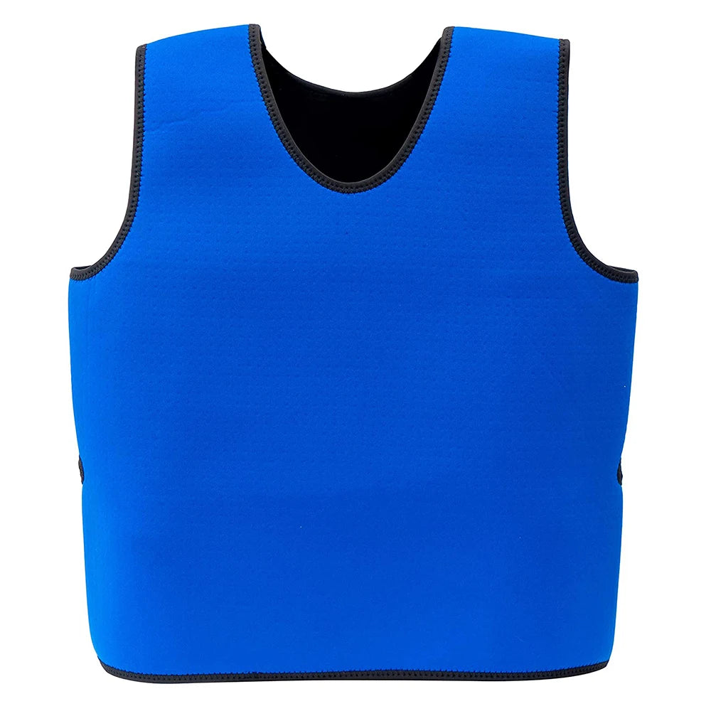 A blue Sensory Compression Vest for Kids with Autism, Hyperactivity, or Mood Disorders is shown on a white background. This sleeveless, soft, breathable vest offers calming support and can be worn over clothing.