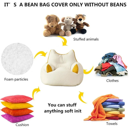 Diagram showing the Premium Teddy Velvet Bean Bag Sofa Cover for Indoor Lounging with arrows pointing to foam particles, stuffed animals, clothes, cushions, and towels as possible fillings. Cover only—no beans included.