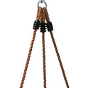 Close-up of three brown twisted ropes with black plastic adjusters converging at a metal ring, part of the Disc Swing Gym Monkey Bars Tree Swing Set For Indoor And Outdoor Fun.