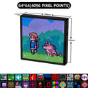 The LED Pixel Display 64x64 RGB LED Matrix Panel showcases pixel art of a person and a dog outdoors. This 260mm square, 17mm thick display, with USB plug and Bluetooth app control, features charming row icons to enhance any space.