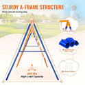 Infographic of the for backyard 6 in 1 Metal Swing Set for Kids, featuring blue and orange metal tubes, 440 lbs capacity, frame assembly diagrams, metal tubes, and 4 ground stakes. Text highlights durable structure and play safety.