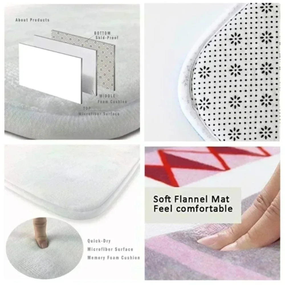 Collage of MINISO Cartoon Hopscotch Carpet: structure diagram, non-slip bottom, plush surface close-up, “Feel comfortable” text, and hand pressing anti-slip mat—perfect children’s room or play area décor.