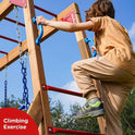A child in a tan outfit and gray sneakers climbs the Wood Swing Sets for Backyard with Monkey Bar Playset, featuring blue handles and red bars. Climbing Exercise text appears, with trees and blue sky visible in the background.