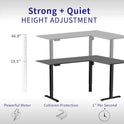 Graphic of the Electric Height Adjustable 63 x 55 Inch Corner Stand Up Desk with a powerful motor, quiet 1/sec height adjustment from 28.5 to 46.8, L-shaped design, and collision protection for safe standing work.