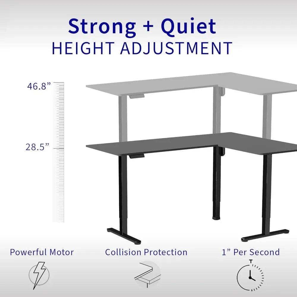 Graphic of the Electric Height Adjustable 63 x 55 Inch Corner Stand Up Desk with a powerful motor, quiet 1/sec height adjustment from 28.5 to 46.8, L-shaped design, and collision protection for safe standing work.