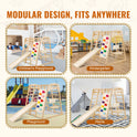Four images feature the SucceBuy Indoor Jungle Gym 7-in-1—a pine wood climbing set for ages 2-6—in a playground, classroom, backyard, and playroom. The text MODULAR DESIGN, FITS ANYWHERE appears above.