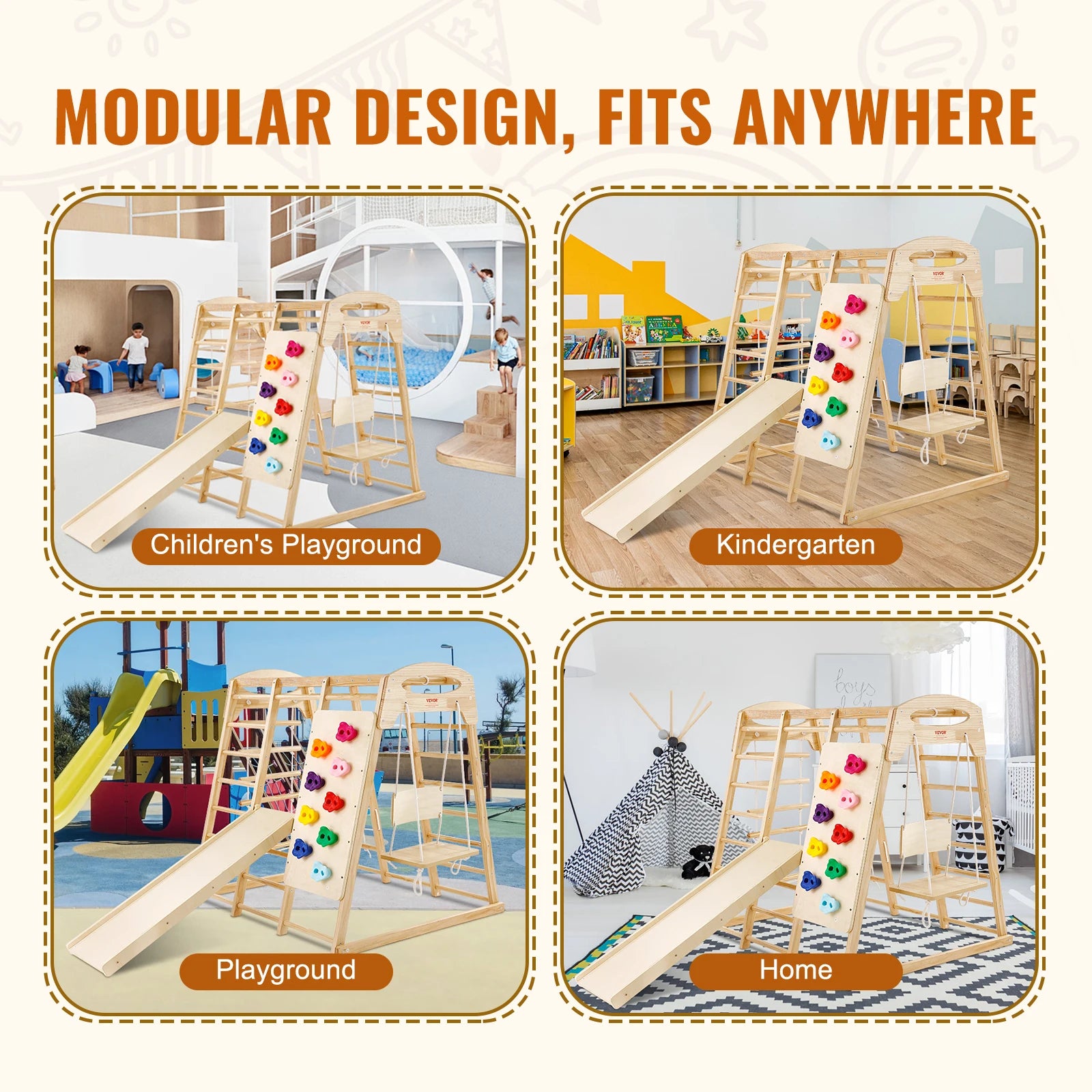 Four images feature the SucceBuy Indoor Jungle Gym 7-in-1—a pine wood climbing set for ages 2-6—in a playground, classroom, backyard, and playroom. The text MODULAR DESIGN, FITS ANYWHERE appears above.