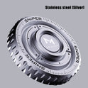 A close-up of the silver, circular Metal Fingertip Spinner EDC Stress Relief Toy, engraved with SNIPER and SPACEM. Its gear-like edges and smooth surface make it ideal for autism sensory engagement and focus enhancement. Stainless steel [Silver] top right.