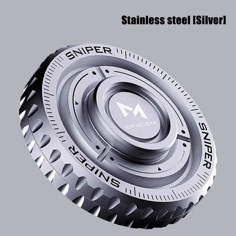 A close-up of the silver, circular Metal Fingertip Spinner EDC Stress Relief Toy, engraved with SNIPER and SPACEM. Its gear-like edges and smooth surface make it ideal for autism sensory engagement and focus enhancement. Stainless steel [Silver] top right.