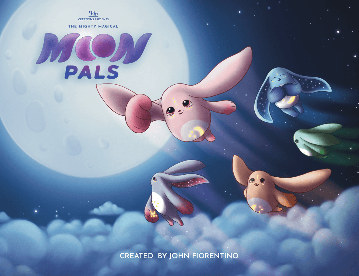 Four whimsical, glowing Moon Pals from the Moon Pals Picture Book with long ears fly through a night sky above clouds in front of a large, bright full moon, sharing magical hugs.