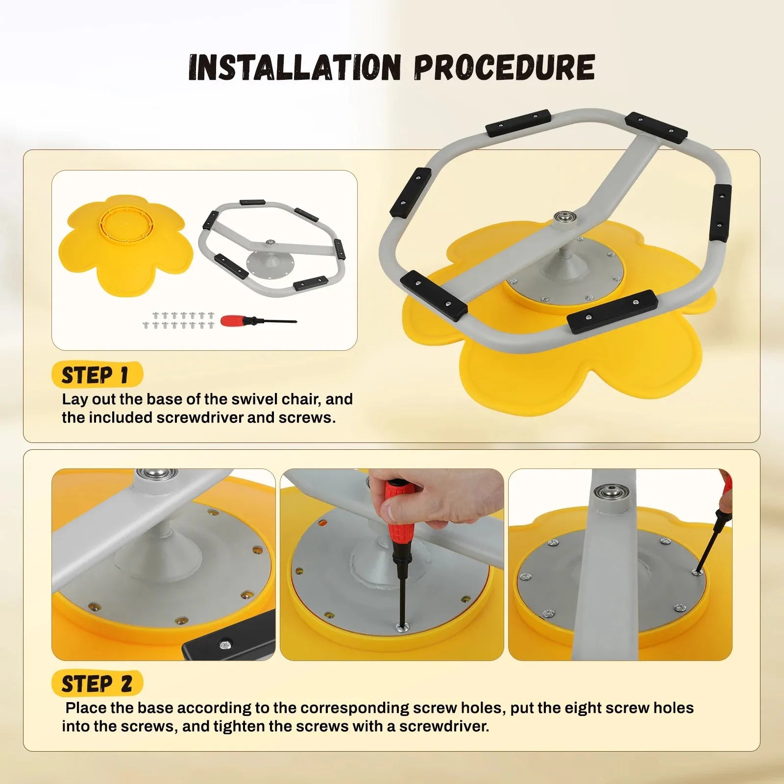 Assembly instructions for the Playful Elephant Spin Sensory Chair: 1) Arrange base, screwdriver, and screws. 2) Align base with holes, insert screws, and tighten using the screwdriver.