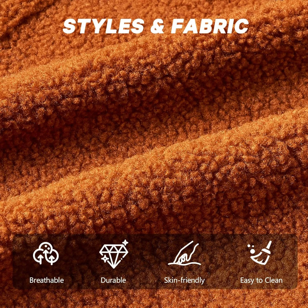 Close-up of rust-orange Ultra-Soft Sherpa Plush fleece on the Sports Football Bean Bag Chair for Adults and Kids, with STYLES & FABRIC text above. Icons show its breathable, durable, skin-friendly, and easy to clean—perfect for sports fans.