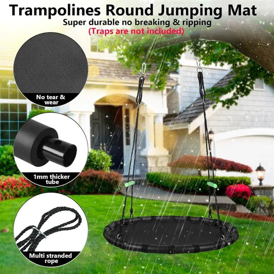 A 40 diameter Tree Swing with PP Mat for Kids and Adults hangs outdoors in the rain. Insets highlight its tear-resistant surface, 1mm thicker tube, multi-stranded rope. Text notes traps not included.