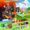 The Magnetic Building Blocks Mine World Magnet Cube Set (VolcanoForest-100PCS) is a colorful Montessori STEM toy for kids ages 3+. Inspired by Minecraft, it features characters, animals, blocks, storage bag, product box, and fiery castle/rainbow scenes.