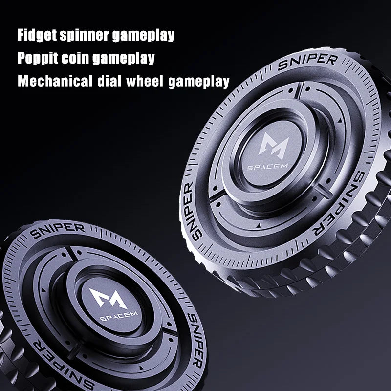 Two circular Metal Fingertip Spinner EDC Stress Relief Toys for Autism Sensory Engagement and Focus Enhancement, labeled SNIPER and SPACEM, are shown. Features: fidget spinner, poppit coin gameplay, mechanical dial wheel for stress relief.