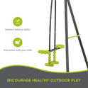 A black and green triple metal swing set for ages 3+ is shown. It’s chemical-free, supports up to 440 lbs, encourages balance and parent-child interaction. Banner: Encourage healthy outdoor play. Easy assembly included.