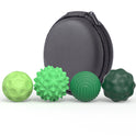 Four green 4Pcs 8PCS Silicone Magnetic Balls for adults, designed to calm restless hands and anxious minds, are displayed in front of a round zippered black case. Each ball features a unique surface for varied massage and stress relief.