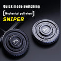 Two round, metallic gaming mouse wheels labeled SNIPER sit on a dark surface. Quick mode switching, Mechanical pull wheel, and SNIPER appear in bold yellow—resembling the Metal Fingertip Spinner EDC Stress Relief Toy for focus and sensory engagement.