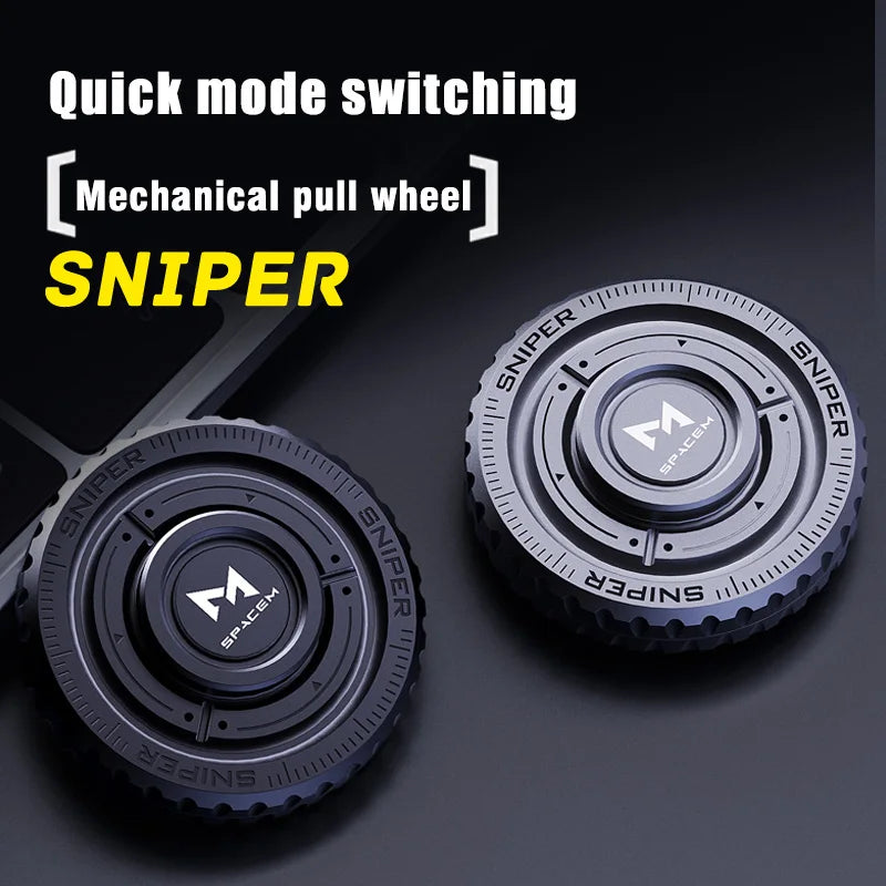 Two round, metallic gaming mouse wheels labeled SNIPER sit on a dark surface. Quick mode switching, Mechanical pull wheel, and SNIPER appear in bold yellow—resembling the Metal Fingertip Spinner EDC Stress Relief Toy for focus and sensory engagement.