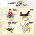 Images showcase children using the Playful Elephant Spin Sensory Chair: meditating, balancing on their stomach, sitting with improved posture, and playfully moving legs. Benefits include intelligence and muscle development; this sensory chair also promotes balance and coordination training for kids.