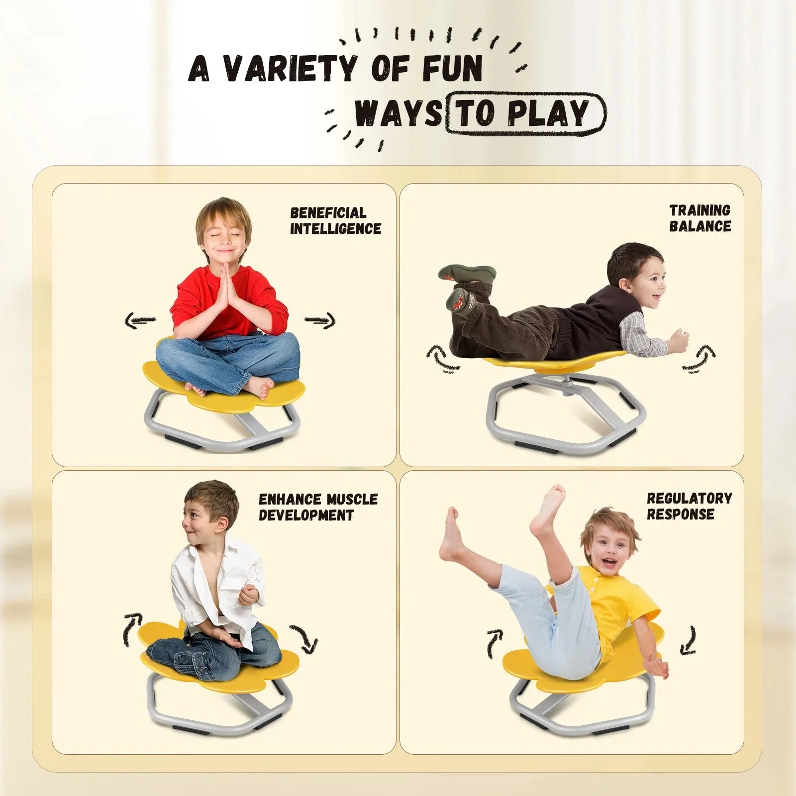 Images showcase children using the Playful Elephant Spin Sensory Chair: meditating, balancing on their stomach, sitting with improved posture, and playfully moving legs. Benefits include intelligence and muscle development; this sensory chair also promotes balance and coordination training for kids.