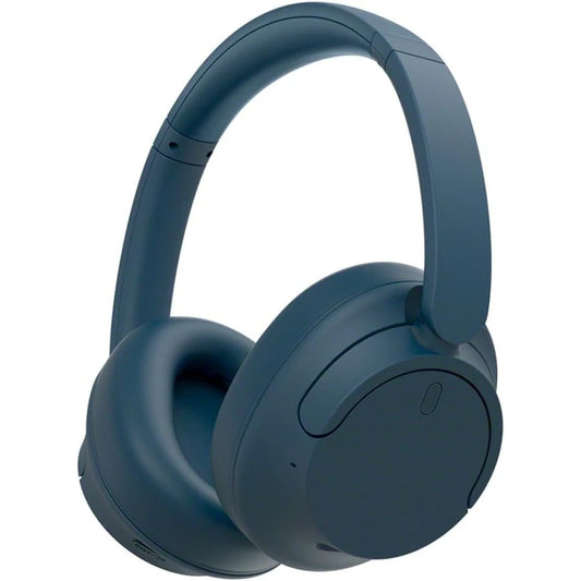 The WH-CH720N Wireless Bluetooth Headphones feature a dark blue, minimalist over-ear design with cushioned ear pads, padded headband, active noise canceling, built-in mic, up to 35H battery life, and quick charge—shown against a white background.