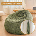 A green Faux Fur Comfy Bean Bag Cover No Filler Storage Chair sits in a bright room with wooden floors. Inset shows the plush cover on a wall hook—note: this product is the cover only; filler is not included.