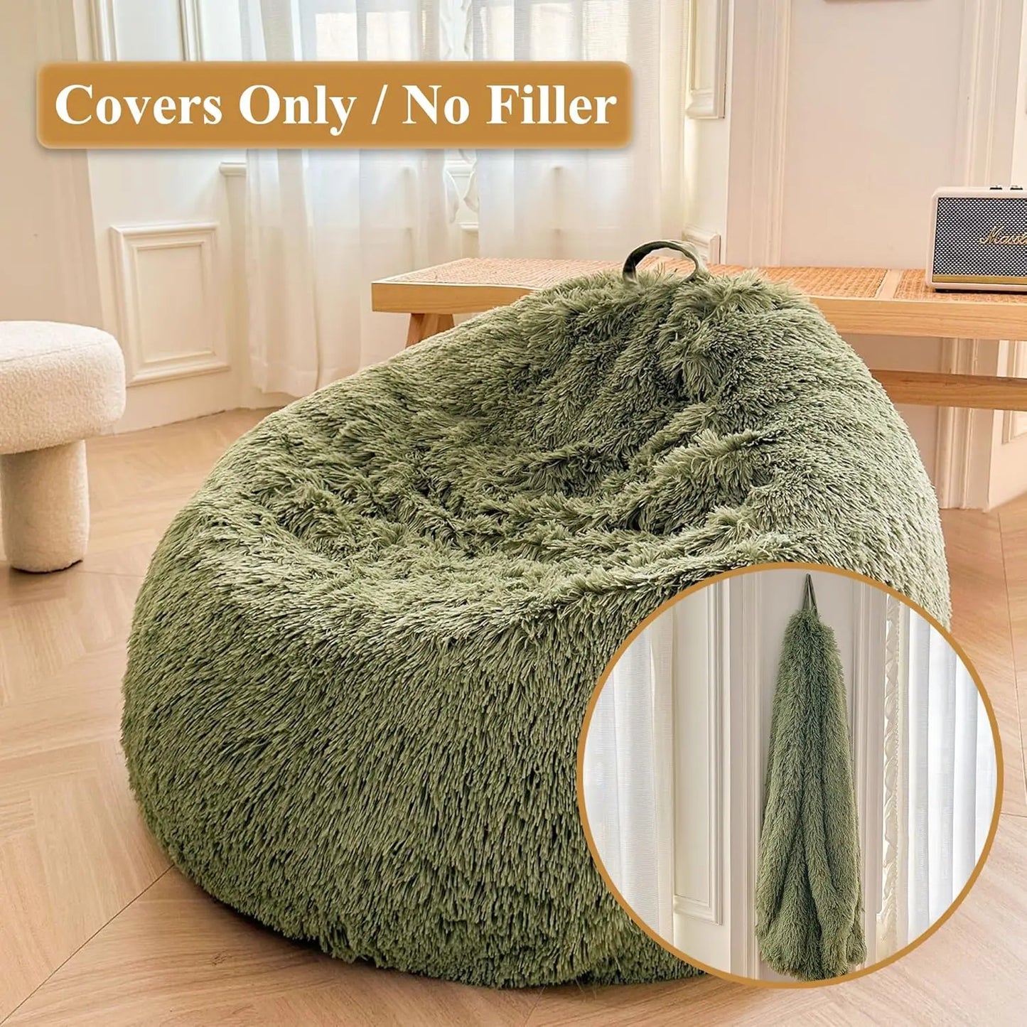 A green Faux Fur Comfy Bean Bag Cover No Filler Storage Chair sits in a bright room with wooden floors. Inset shows the plush cover on a wall hook—note: this product is the cover only; filler is not included.