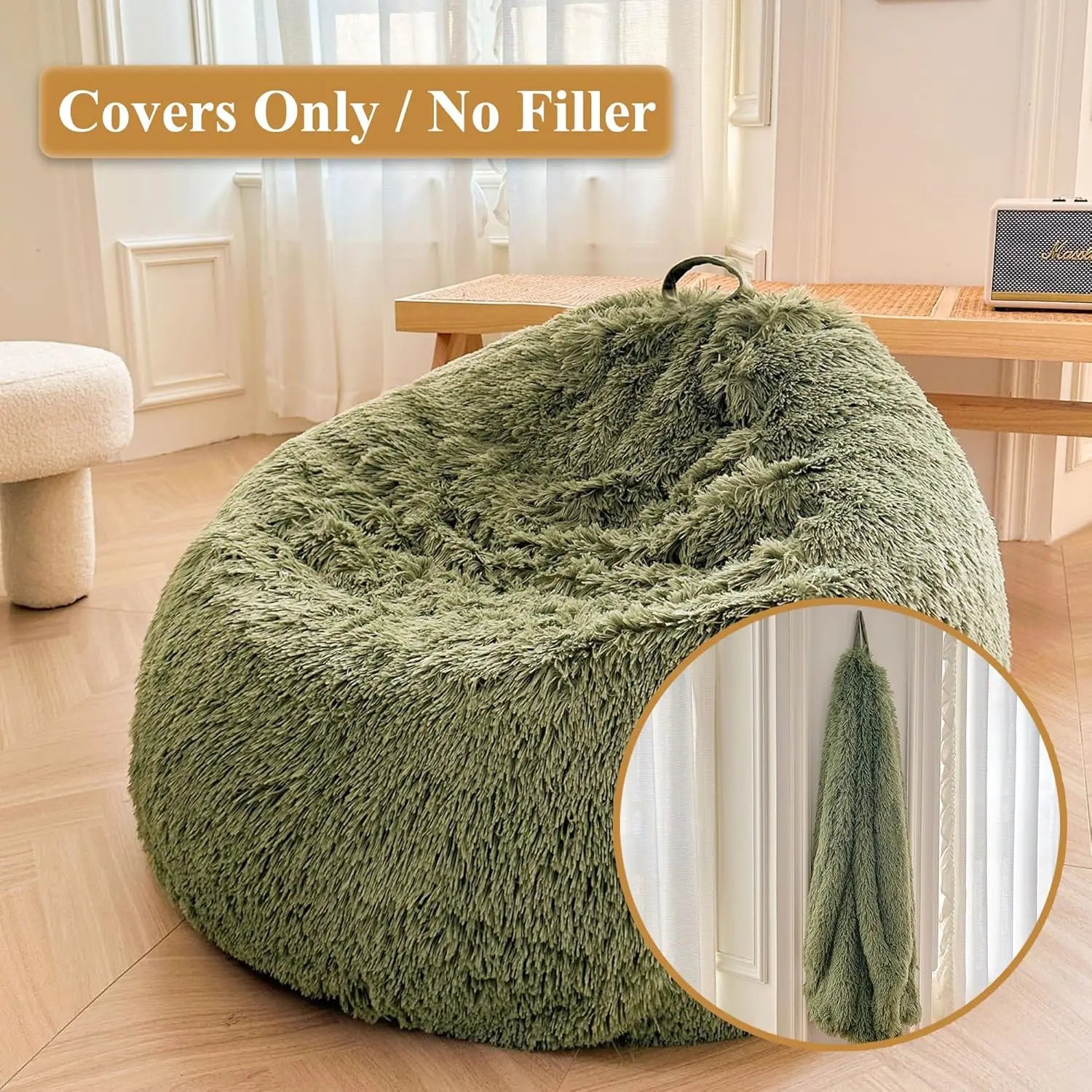 A green Faux Fur Comfy Bean Bag Cover No Filler Storage Chair sits in a bright room with wooden floors. Inset shows the plush cover on a wall hook—note: this product is the cover only; filler is not included.
