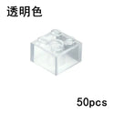 A clear 2x2 Transparent block from the MOC Transparent Bulk Brick Set (1x1, 1x2, 1x4, 2x4) compatible with Lego is shown, with Chinese text at the top left and 50pcs in the bottom right.