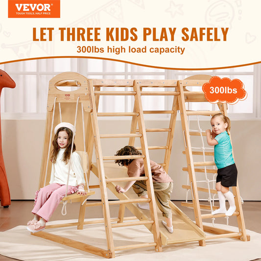 Three kids ages 2-6 play on the SucceBuy Indoor Jungle Gym 7-in-1, a sturdy wooden playground with wood and rope ladders, net ladder, and slide. Safe for up to three children with a 300 lbs weight capacity.