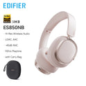A pair of pink Edifier ES850NB wireless headphones is shown beside a black carry bag. Text highlights Hi-Res audio, LDAC, AAC, -45dB noise-cancelling, up to 92 hours playtime, and the included carry bag.