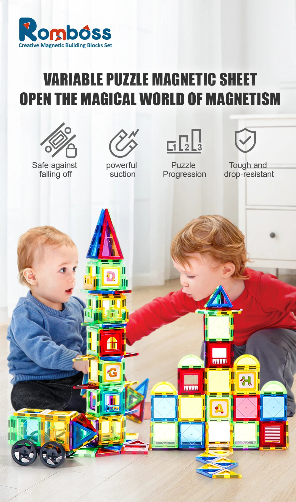 Romboss Magnetic Educational Architecture Puzzle - Colorful Building Blocks Toy for Creative Kids