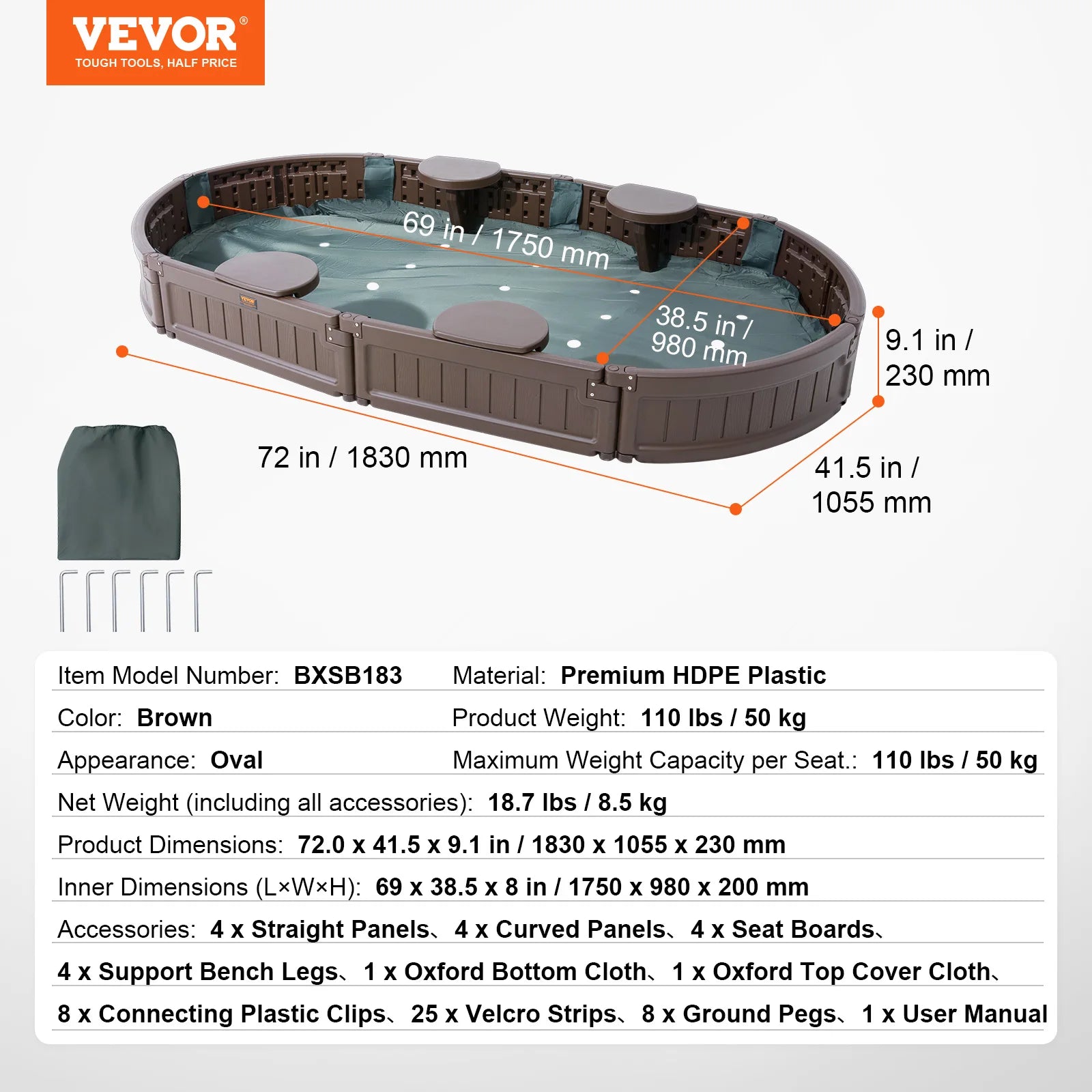 The SucceBuy Sandbox w/ Cover is an oval plastic sand pit with four corner seats and a bottom liner for kids, shown on a white background with dimensions, weight, materials, included accessories, and optional wood assembly set listed.