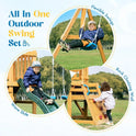 Three children enjoy the Wooden Swing Set for Backyard - All-in-One Kids Playset, featuring a slide, flexible swings, and a rock climbing wall in a grassy park under blue skies. Text highlights this backyard playgrounds top features.