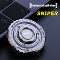 A sliver Metal Fingertip Spinner EDC Stress Relief Toy for Autism Sensory Engagement and Focus Enhancement, labeled SNIPER, sits on a laptop keyboard. Bold yellow text reads Mechanical pull wheel and SNIPER, showcasing this stylish fidget toy.