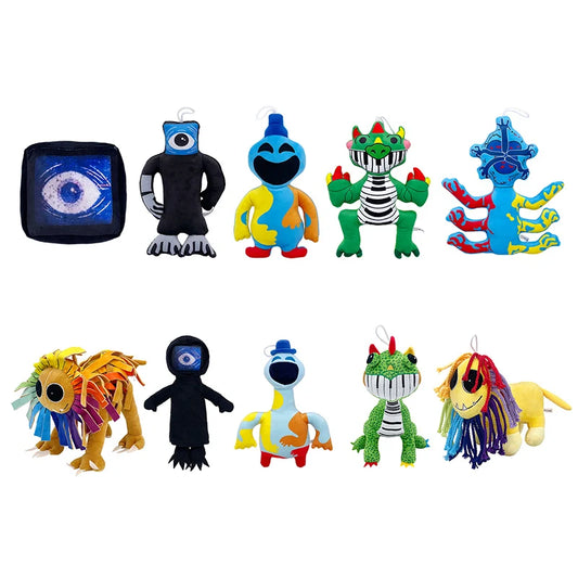 A set of ten Nightmare Critters Plush Toy Dolls, 14 to 34cm each, featuring unique monster designs like Yarnaby and Pianosaurus in bright colors, are arranged in two rows on a white background.