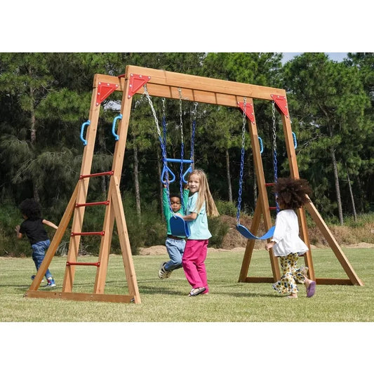 Four children enjoy the Wood Swing Sets for Backyard with Monkey Bar Playset in a grassy park, playing on swings, climbing the ladder, and using the monkey bar as trees and shrubs surround the play area.