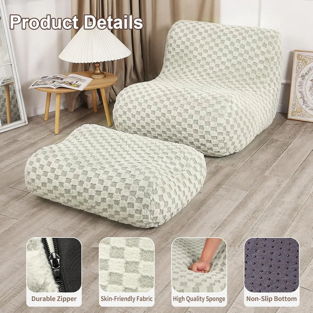 Bean Bag Sofa with Footstool: a modern double lounge chair set for living room or bedroom, featuring a durable zipper, self-contained design, skin-friendly fabric, plush memory foam, and a non-slip bottom—perfect for comfy reading and relaxing.