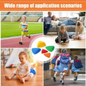 Collage shows four images: a child running on a track, kids playing indoors, a toddler with sensory toys, and children in backpacks indoors. Central multicolored geometric shapes and text reads Kids Balance River Stones: 5 Non-Slip Sensory Toys for Fun Obstacle Courses and Skill Development.