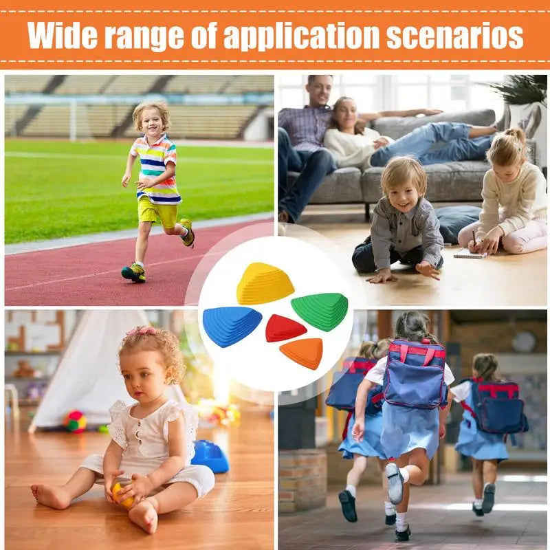Collage shows four images: a child running on a track, kids playing indoors, a toddler with sensory toys, and children in backpacks indoors. Central multicolored geometric shapes and text reads Kids Balance River Stones: 5 Non-Slip Sensory Toys for Fun Obstacle Courses and Skill Development.