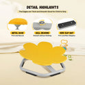 Details for the Playful Elephant Spin Sensory Chair: metal base, secure; ball bearing, smooth action; non-slip mat, stable. Shaped like a flower and designed as a sensory toy to enhance childrens balance and coordination. Background shows a toy monkey and stacked blocks.