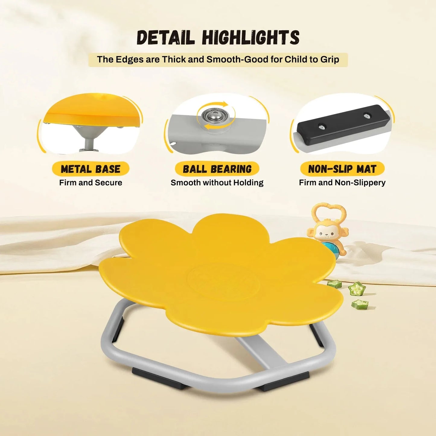Details for the Playful Elephant Spin Sensory Chair: metal base, secure; ball bearing, smooth action; non-slip mat, stable. Shaped like a flower and designed as a sensory toy to enhance childrens balance and coordination. Background shows a toy monkey and stacked blocks.
