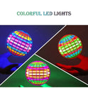 A collage features the Magic Flying Ball Mini Toy with vibrant blue, green, red, and yellow LED lights hovering above hands. Magic Flying Ball is displayed atop, highlighting the automatic obstacle avoidance UFO boomerang spinner.