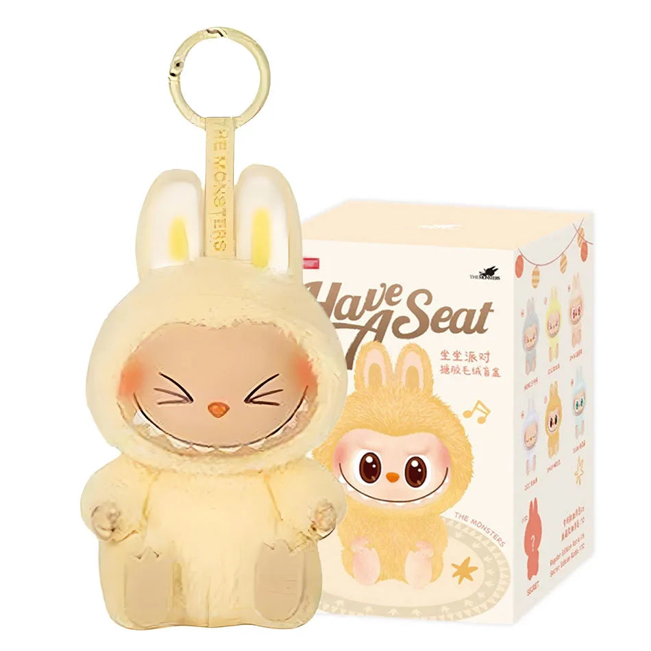 A cute Labubu The Monsters Box Toy Sweetheart Vinyl Doll keychain (Style E with box) featuring Labubu in plush bunny costume, perfect as a kawaii backpack pendant or collectible gift.