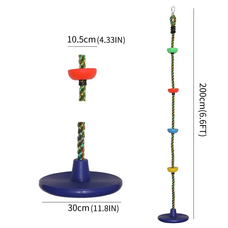 The Kids Tree Swing Chair Outdoor Disc Swing has four round 10.5 cm grips, a 30 cm blue disc base, and a 200 cm rope, making it a durable hanging seat for kids in the garden or backyard—perfect for active outdoor fun.