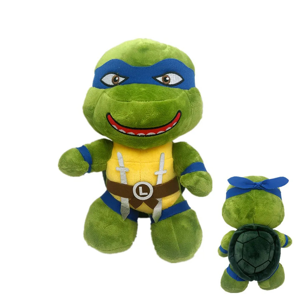 25cm Ninja Turtles Plush Doll featuring Leonardo with a blue mask, yellow chest, front swords, green shell, and blue bandana. Great birthday gift for kids or collectors of TMNT plush dolls and stuffed animals.