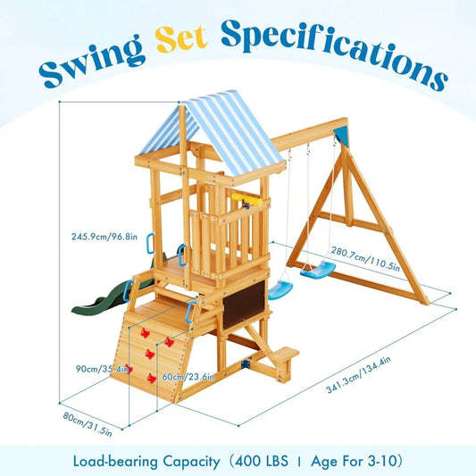 Diagram of the Wooden Swing Set for Backyard - All-in-One Kids Playset, showing measurements. Includes a slide, rock wall, ladder, two swings, and striped roof over a raised platform. 400 lbs capacity; perfect outdoor play for ages 3-10.