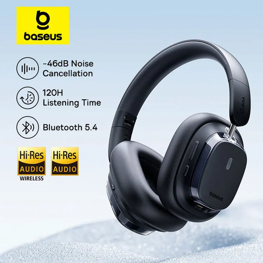 The Baseus Bowie 10 Max Wireless Headphones with 46dB hybrid active noise cancellation, Bluetooth 5.4, Hi-Res LHDC certification, and up to 120 hours battery life rest on a light surface. The Baseus logo is visible above the headphones.